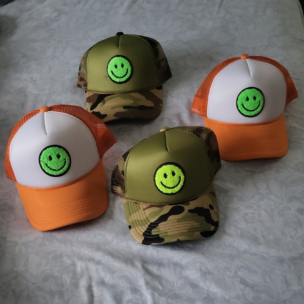 Kids Smiley Face Trucker Hat Set - Orange, Green, and Camouflage